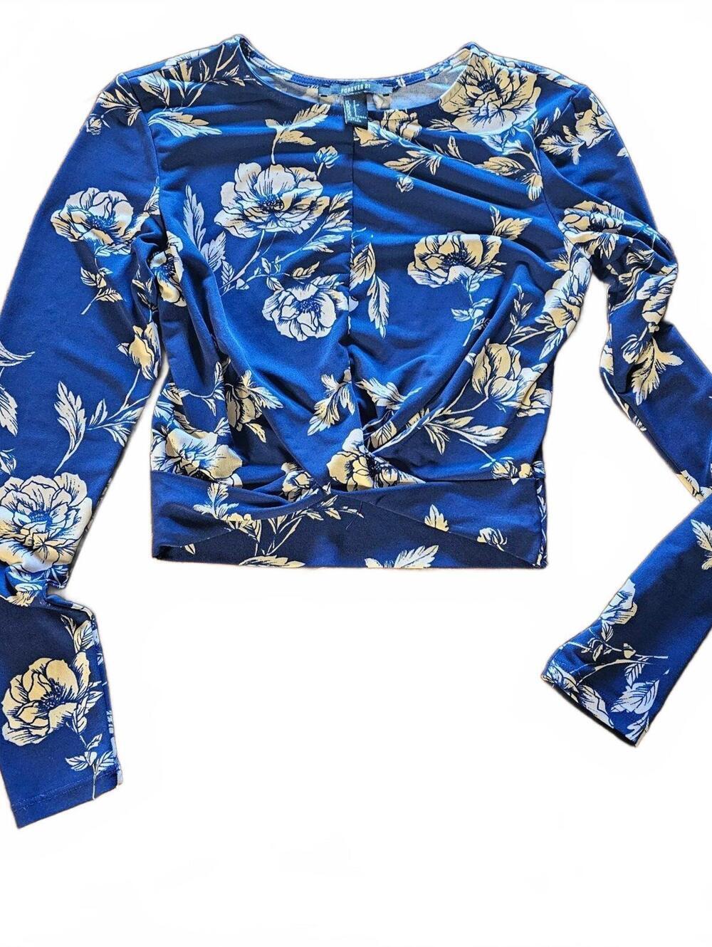 Forever 21 Blue Floral Long Sleeve Crop Top Size Small
